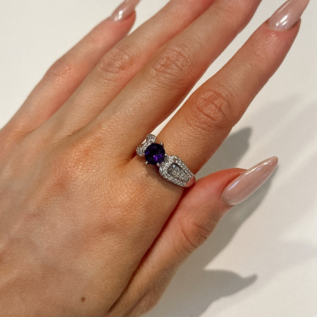 14K White Gold Round Amethyst Diamond Ring