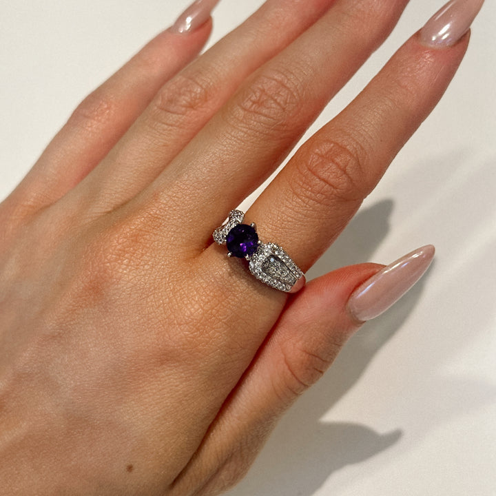 14K White Gold Round Amethyst Diamond Ring