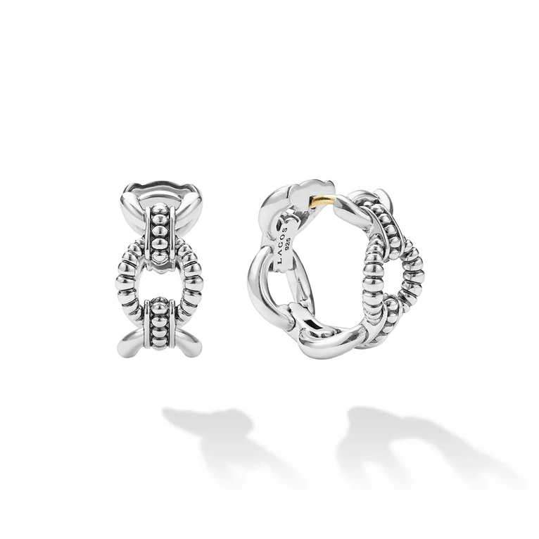 Sterling Silver Caviar Link Oval Hoop Earrings