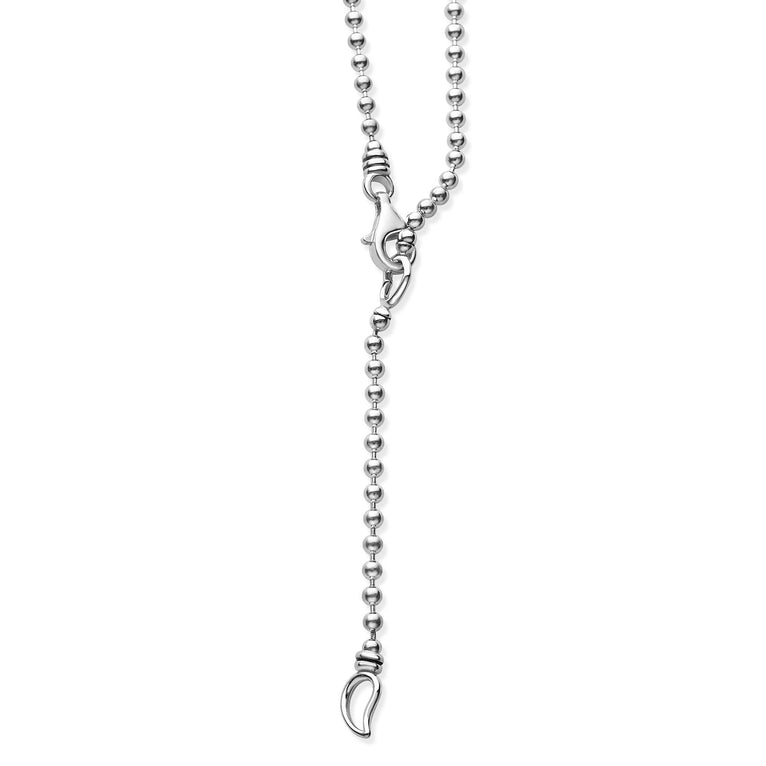 A sterling silver chain highlighting the clasp featuring a ball chain.