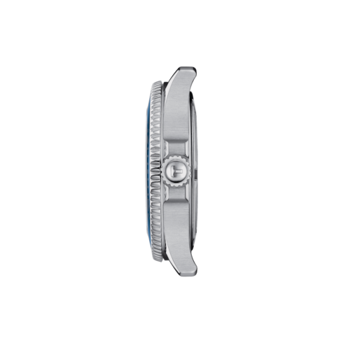 A close-up side view of the Tissot stainless steel case.