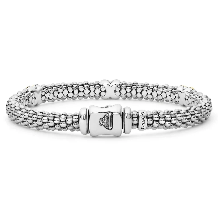 Three Station Gold X Diamond Caviar Bracelet