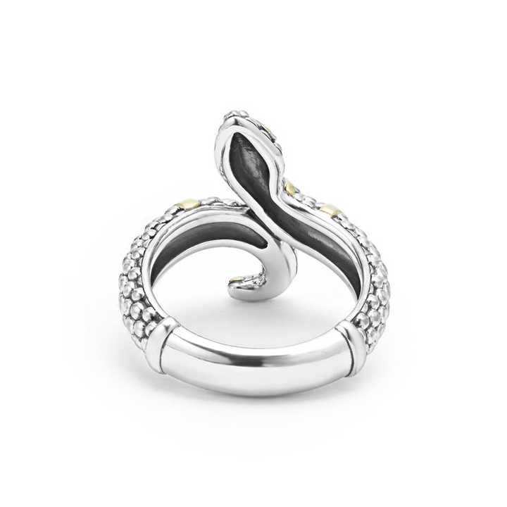 A side-view of a sterling silver ring is displayed on a black background featuring a snake motif with Sterling silver Caviar beading highlighted by 18K gold stations