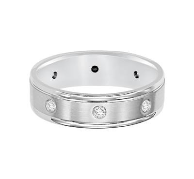 White Gold Men's Wedding Band Laying Flat. 8 Stone Diamond, Round/Carved Edges