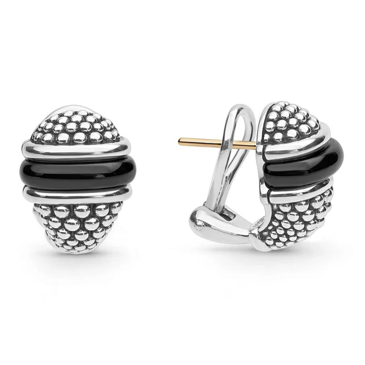 Black Ceramic Caviar Omega Clip Earrings