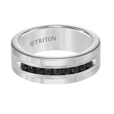 A Tungsten ring in the middle of a white background features a black diamond inlay band