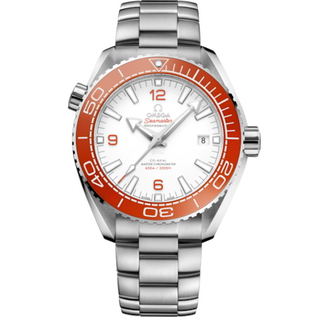 This is a close-up of an Omega watch against a transparent background. The watch features a white dial, orange bezel, silver hands and markers, and a stainless steel bracelet.