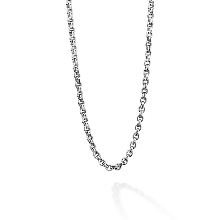 A close-up view of a sterling silver chain featuring Sterling silver fluted links and double link Caviar chain