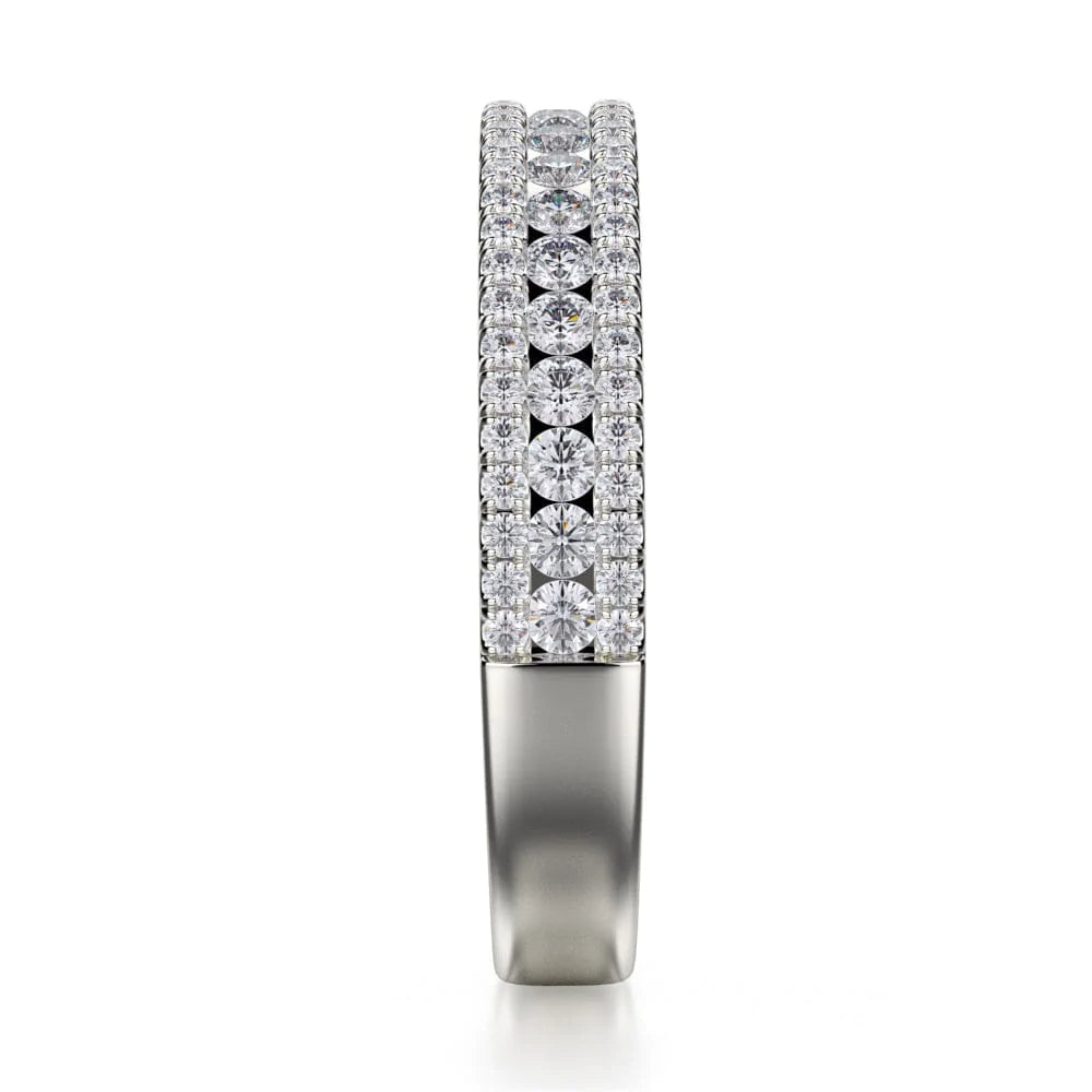 This is a close-up of the side view of the white gold ring. It features a diamond set band with brilliant round-cut diamonds and a white gold band.