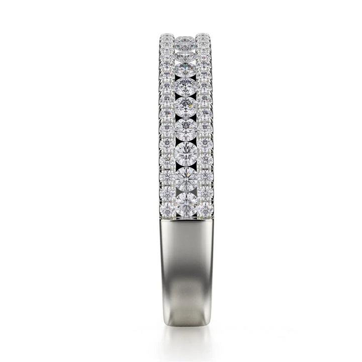 This is a close-up of the side view of the white gold ring. It features a diamond set band with brilliant round-cut diamonds and a white gold band.