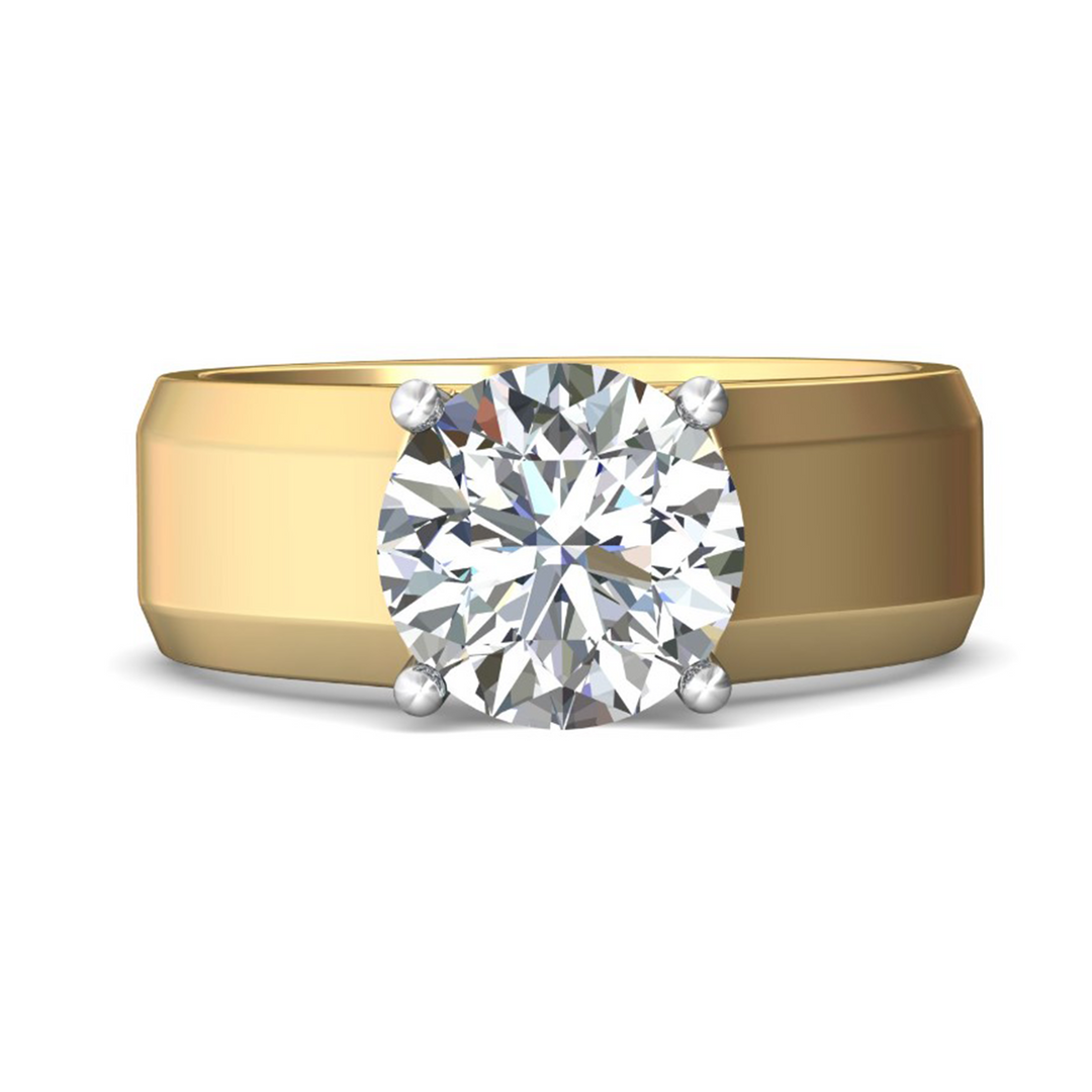 The Cigar Band Engagement Ring, made of yellow gold, lies flat against a white background. It features a round-cut diamond set in the center with a wide smooth cigar band.