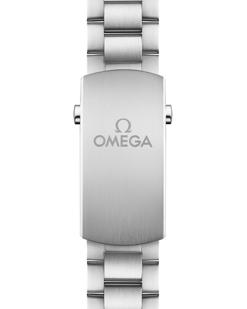 A close-up of the watch's stainless steel bracelet with the Omega logo in the middle against a transparent background