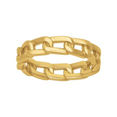 Yellow Gold Men's Wedding Band is displayed on a white background. The ring features a linked-up design, solid links, and 5mm.