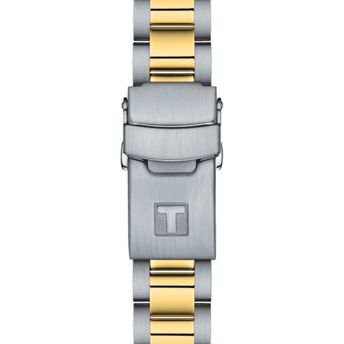 A close-up of the watch's stainless steel bracelet with the Tissot logo clasp in the middle against a transparent background