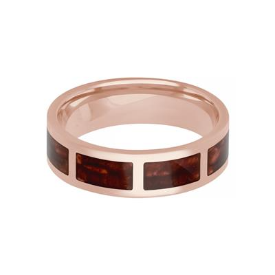 Rose Gold Men's Wedding Band Laying Flat is displayed on a white background. The ring features a flat ladder design highlighted by bold red ceramic inlays