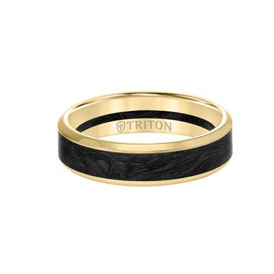 Yellow Gold Men's Wedding Band is displayed on a white background. The ring features a forged Carbon stripe in the middle, yellow gold stripes at the top and bottom, bevel edge design