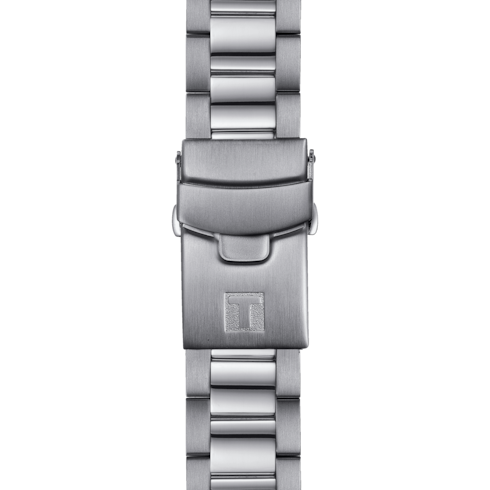 A close-up of the watch's stainless steel bracelet with the Tissot logo clasp in the middle against a transparent background