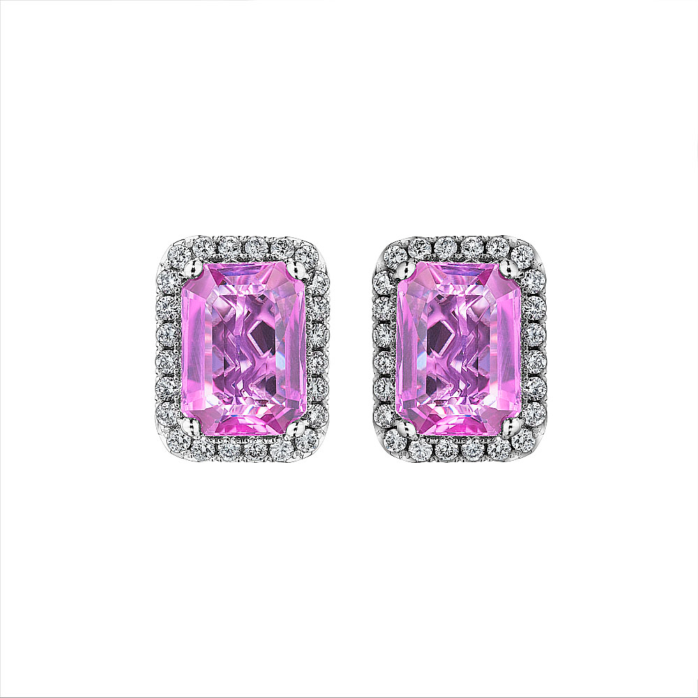 A pair of stud earrings with emerald cut pink sapphires, framed by a halo of round brilliant cut white diamonds.