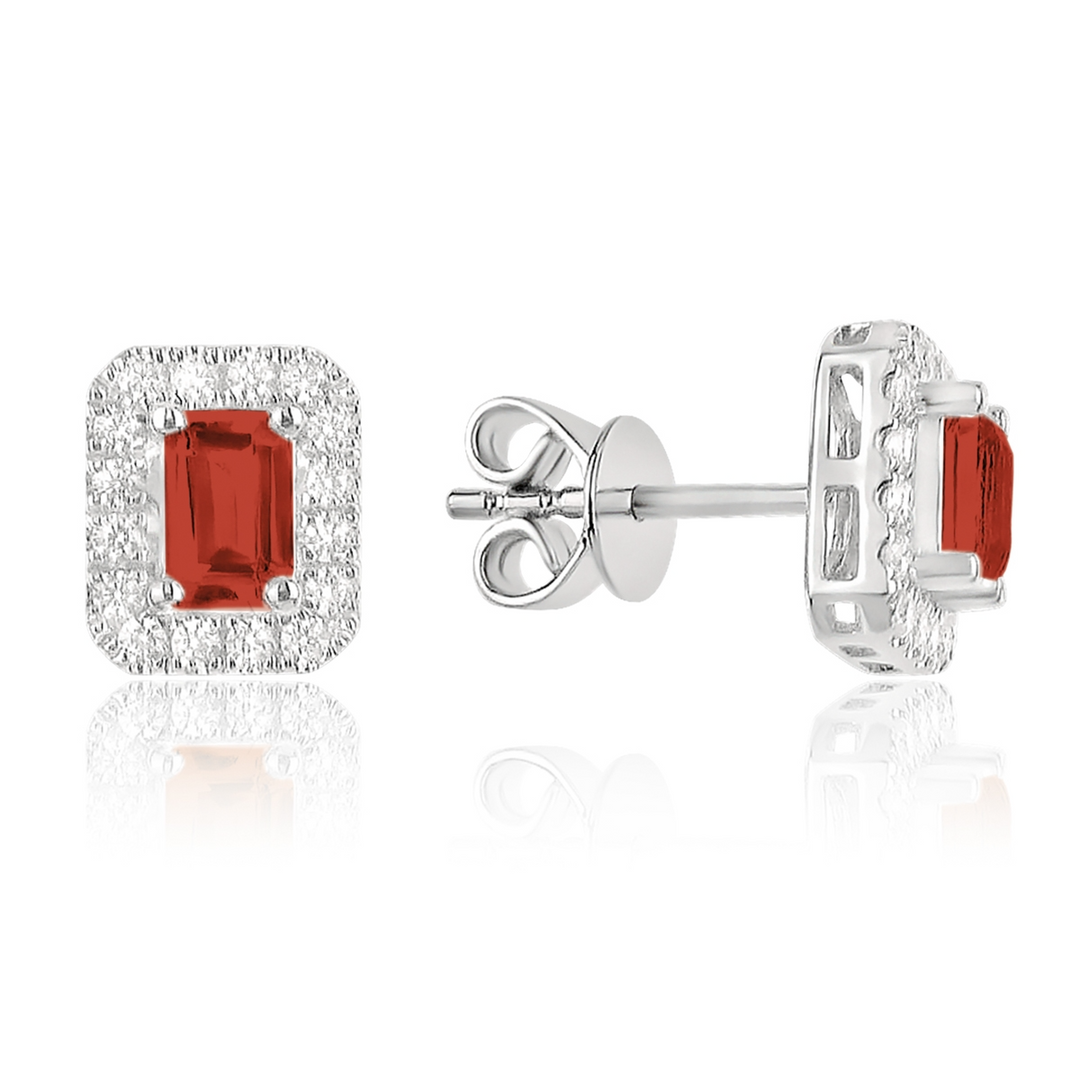 A pair of stud earrings, a ruby emerald-shaped diamond in the middle, and a surrounding diamond frame. The right earring is angled to the side, showing the back.