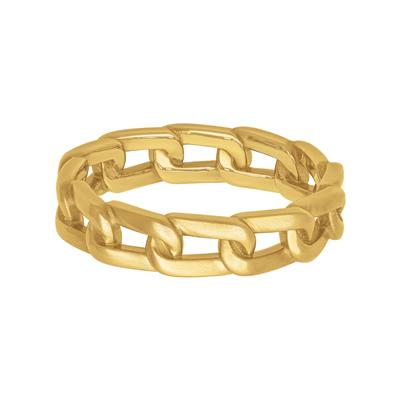 Yellow Gold Men's Wedding Band Laying Flat is displayed on a white background. The ring features a linked-up design, solid links, and 5mm.