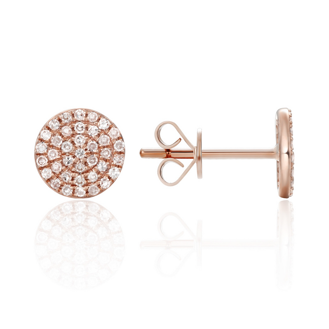 A pair of rose-gold stud earrings with round, brilliant cut diamonds framed in a pave setting. The right earring is angled to the side, showing the back.