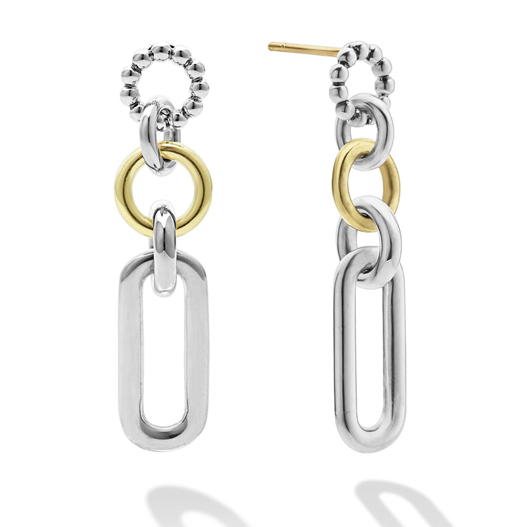 A pair of link drop earrings with Sterling silver & 18k gold variations of Caviar beading and fluting elements. The right earring is angled to the side.