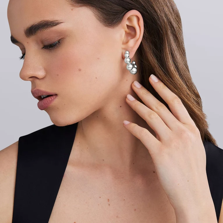 Medium Sterling Silver Beaded Hoop Earrings
