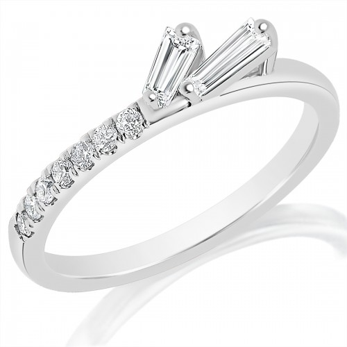 This is a close-up of a white gold ring angled to the left. It shows the inside of the band against a white background. It features a tapered baguette diamonds cluster on the shank and a round diamond-set band