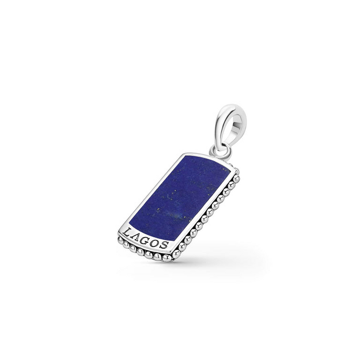 A Lapis Tag Amulet displayed in the middle of a white background