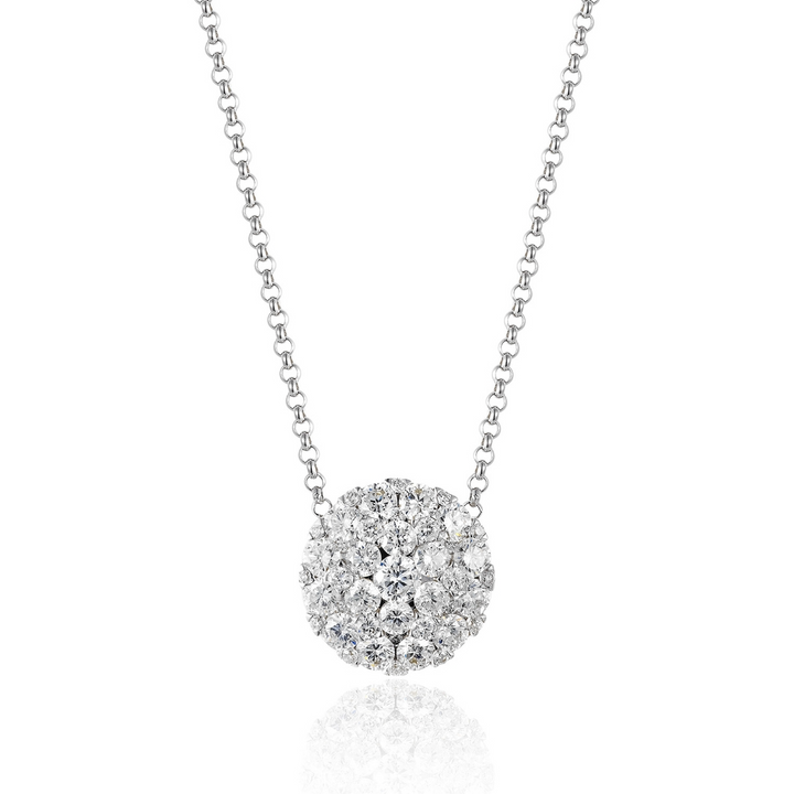 A close-up of a white-gold Cluster Round Diamond Necklace against a white background. The necklace features round diamond-encrusted clusters.