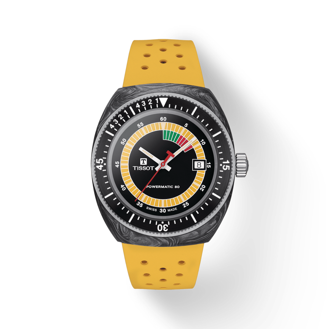 This is a close-up of a Tissot watch against a transparent background. The watch features a black digital dial and a yellow rubber strap.