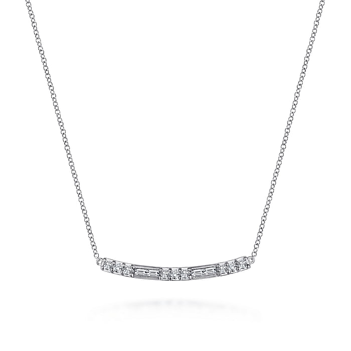 Round and Baguette Diamond Curved Bar Necklace