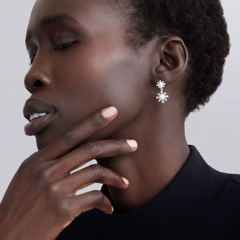 Sterling Silver Fleur Pearl Drop Earrings