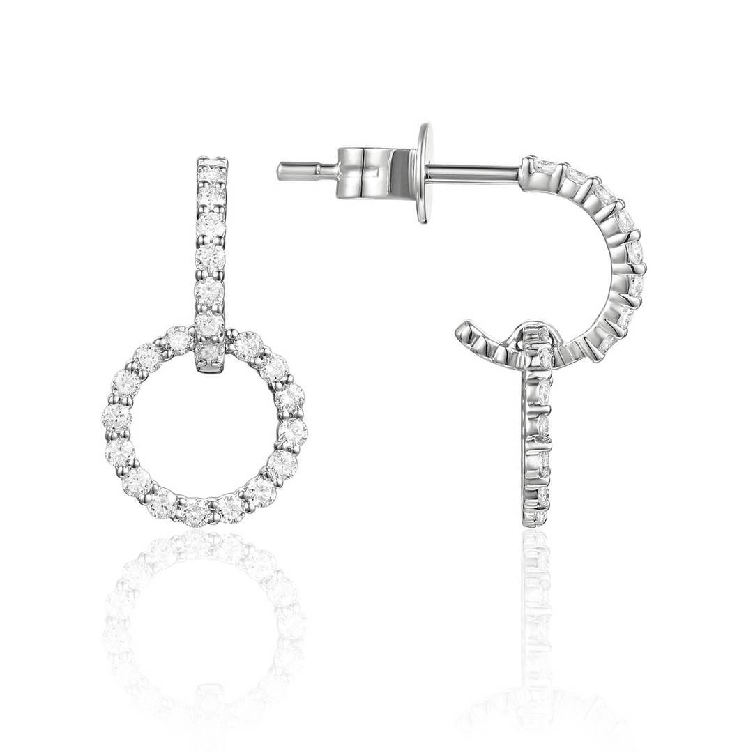 A pair of drop earrings with a diamond-set open circle design. The right earring is angled to the side, showing the back.