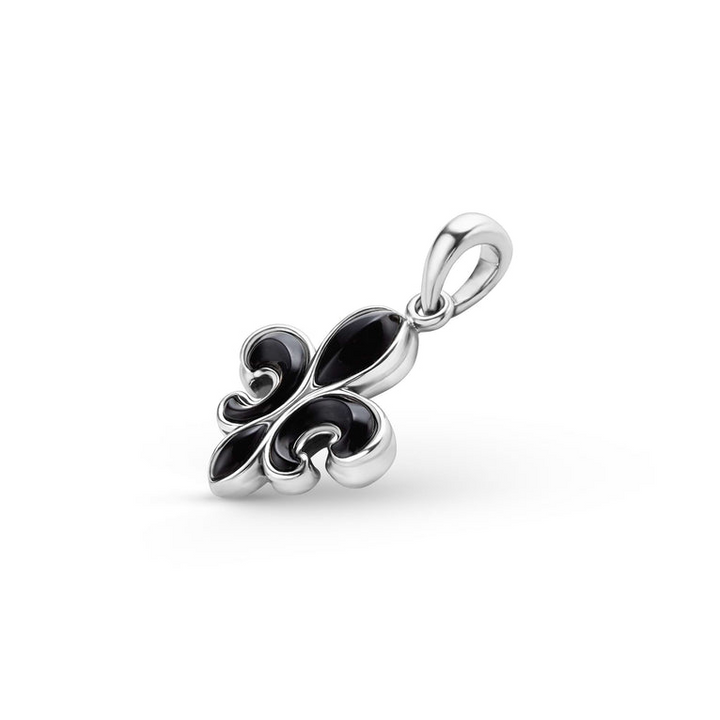 A Black Agate Fleur De Lis Amulet is displayed in the middle of a white background