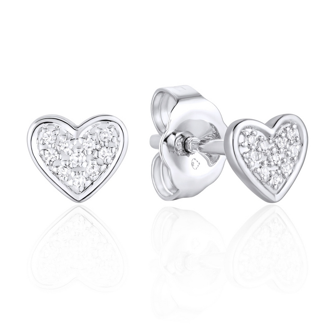 A pair of stud earrings with a heart shaped design with clustered round diamonds. The right earring is angled to the side, showing the back.