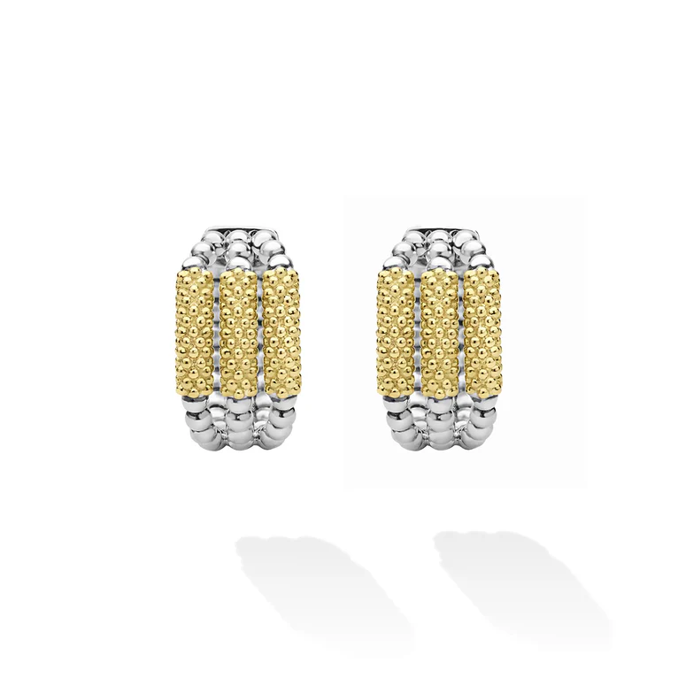 Two-Tone Three Ring Caviar Gold Bar Huggie Earrings