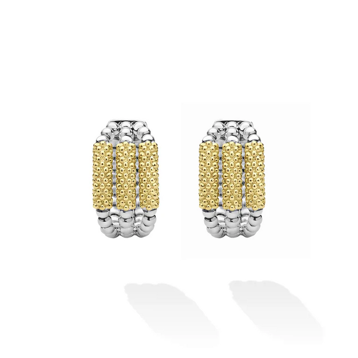 Two-Tone Three Ring Caviar Gold Bar Huggie Earrings