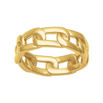 Yellow Gold Men's Wedding Band Laying Flat is displayed on a white background. The ring features a linked-up design, solid links, and 7mm.