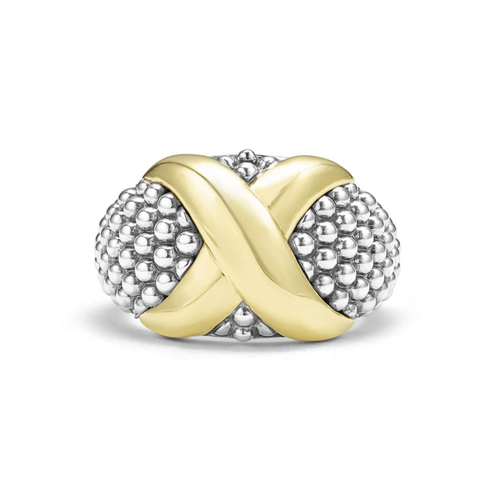 A sterling silver and 18k gold ring displayed in the middle of a white background featuring smooth 18K gold and silver Caviar beading with an X motif.