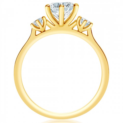 A side view of a ring made of yellow gold. The side view shows the diamond's pavilion and the yellow-gold band.