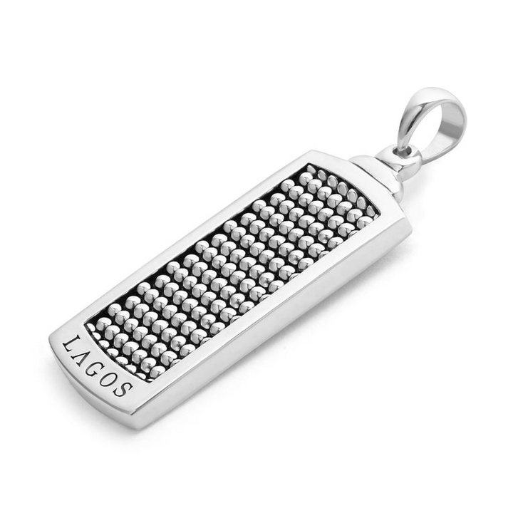 A Caviar Beaded Tag Amulet displayed in the middle of a white background