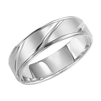 Tilted To The Right, a White Gold Men's Wedding Band is displayed on a white background. The ring features an angular carvings design.