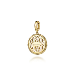 A close-up of a 14k yellow-gold pendant against a white background showcases the pendant's back. The pendant features a white mother-of-pearl center stone surrounded by beads.