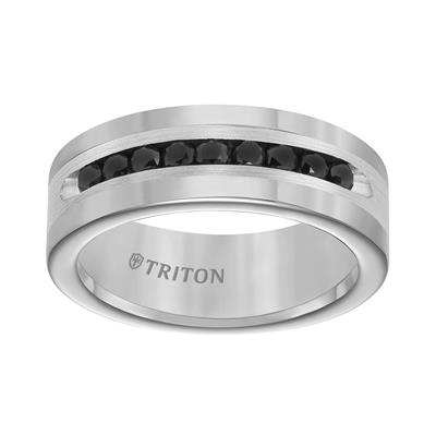 A Tungsten ring is angled and displayed in the middle of a white background. The ring black diamond inlay band.