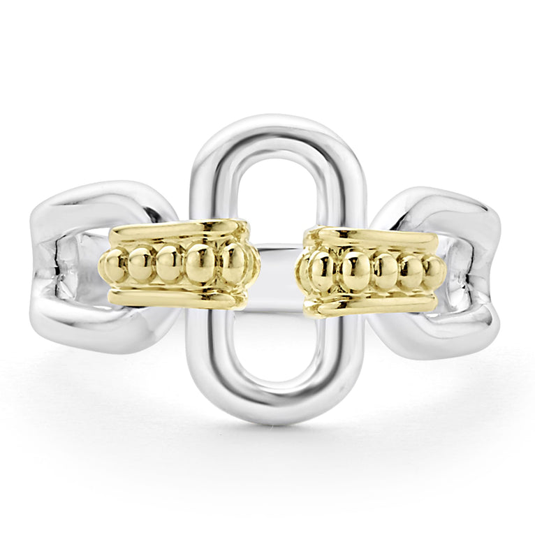 A sterling silver and 18k gold ring displayed in the middle of a white background featuring Sterling silver and18k gold variations of Caviar beading and fluting elements