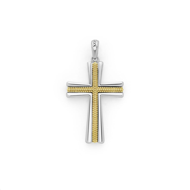 A two-tone caviar beaded cross amulet featuring 18K gold Caviar beading surrounded by sterling silver is displayed in the middle of a white background