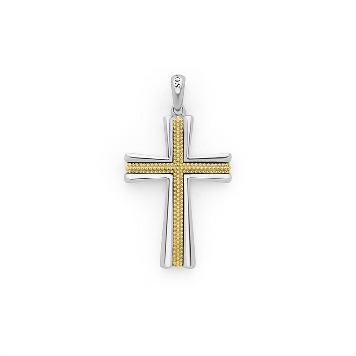 A two-tone caviar beaded cross amulet featuring 18K gold Caviar beading surrounded by sterling silver is displayed in the middle of a white background