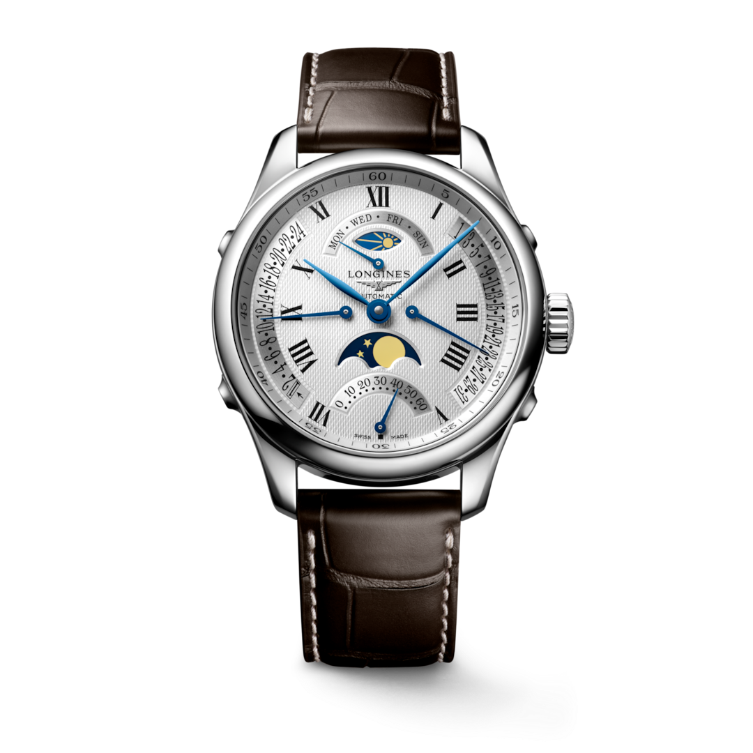 A Longines watch standing straight against a transparent background. The watch features a silver dial, black & blue hands and markers, a stainless steel bezel, three crowns on the right side, and a brown leather strap.