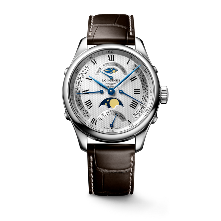 A Longines watch standing straight against a transparent background. The watch features a silver dial, black & blue hands and markers, a stainless steel bezel, three crowns on the right side, and a brown leather strap.